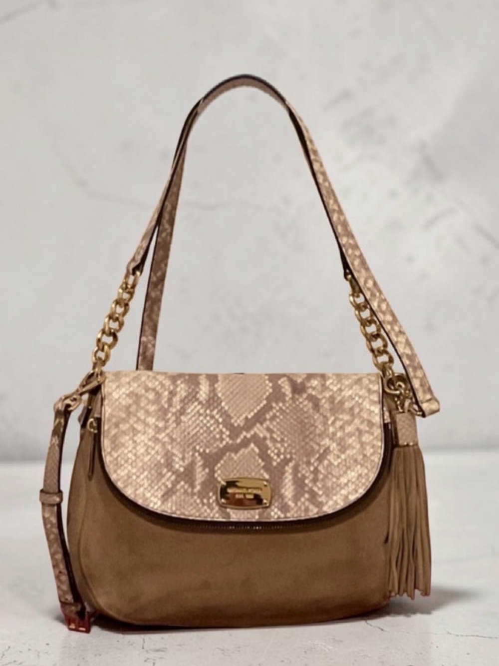 Michael Kors Taupe Suede & Snakeskin Shoulder Bag